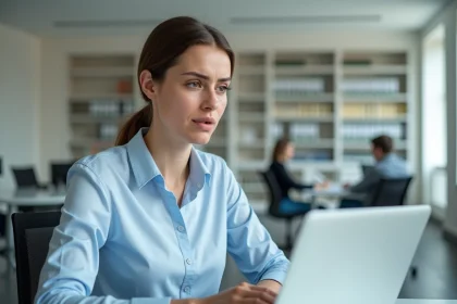 Femme administratrice scolaire frustrée face à une erreur de connexion sur son webmail rectorat