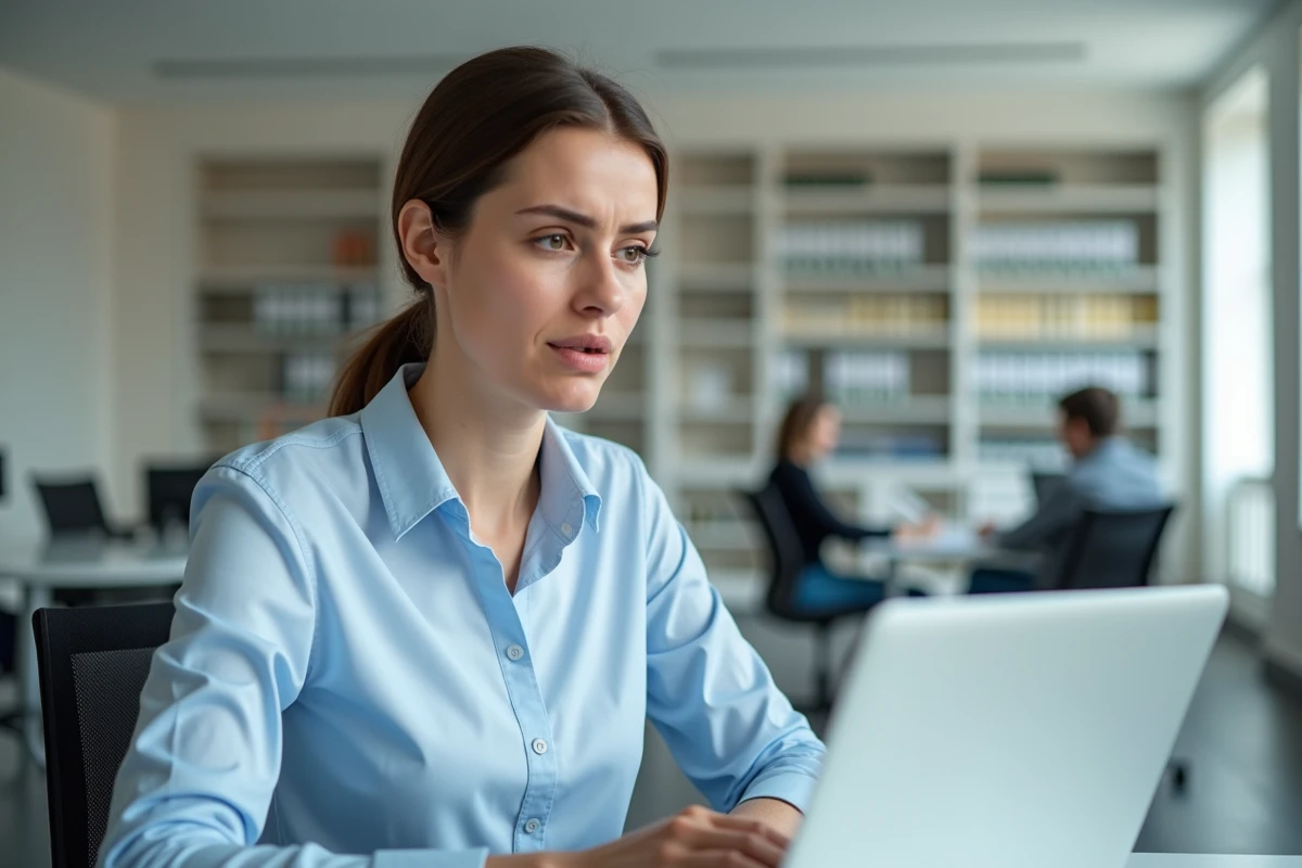 Femme administratrice scolaire frustrée face à une erreur de connexion sur son webmail rectorat