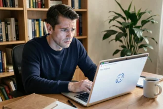Homme frustré devant un ordinateur portable affichant une erreur de mise à jour OpenOffice