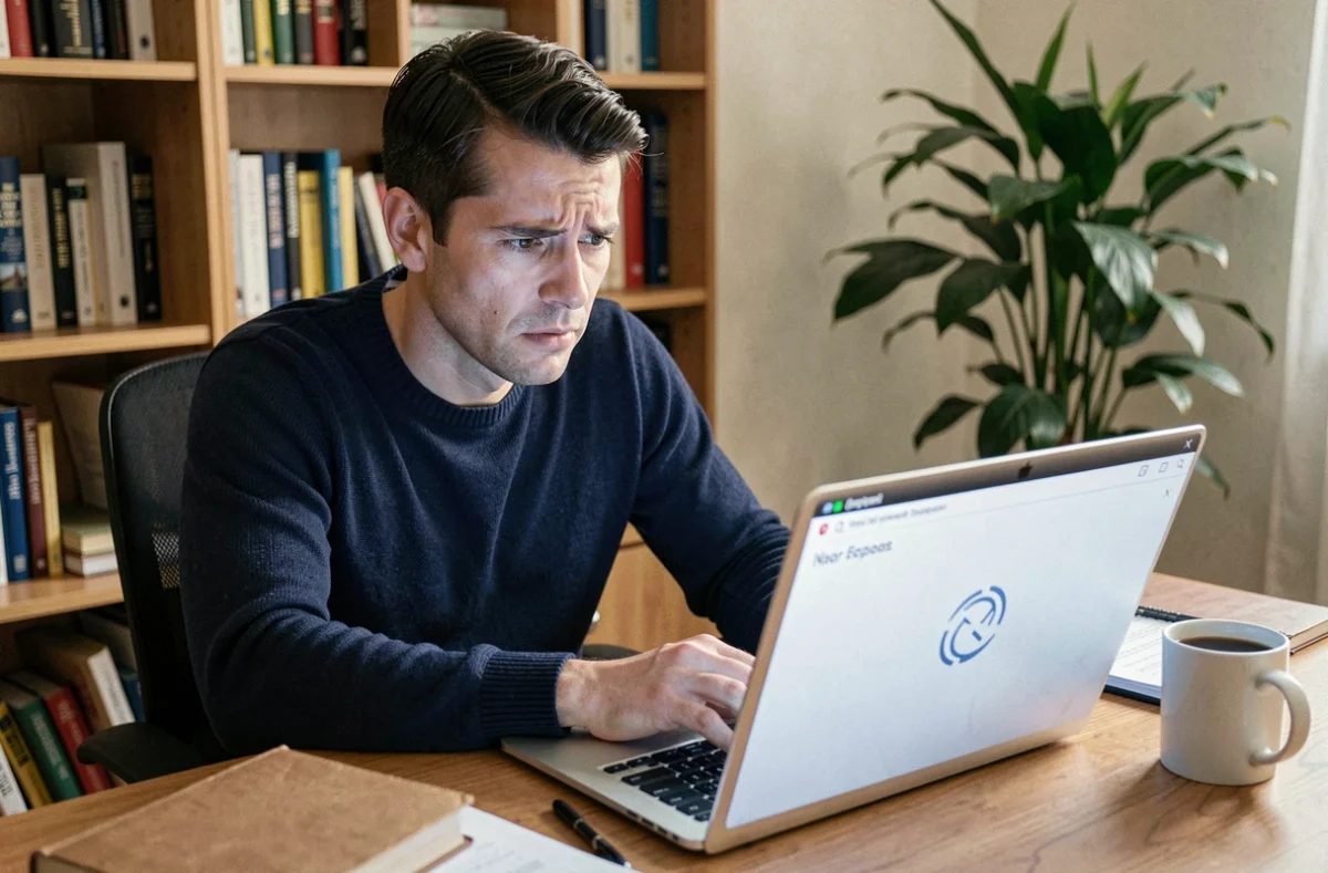 Homme frustré devant un ordinateur portable affichant une erreur de mise à jour OpenOffice