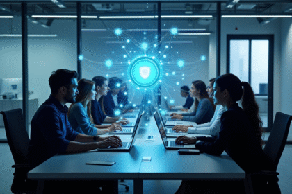 Espace de travail moderne avec équipe IT et sécurité Zero Trust