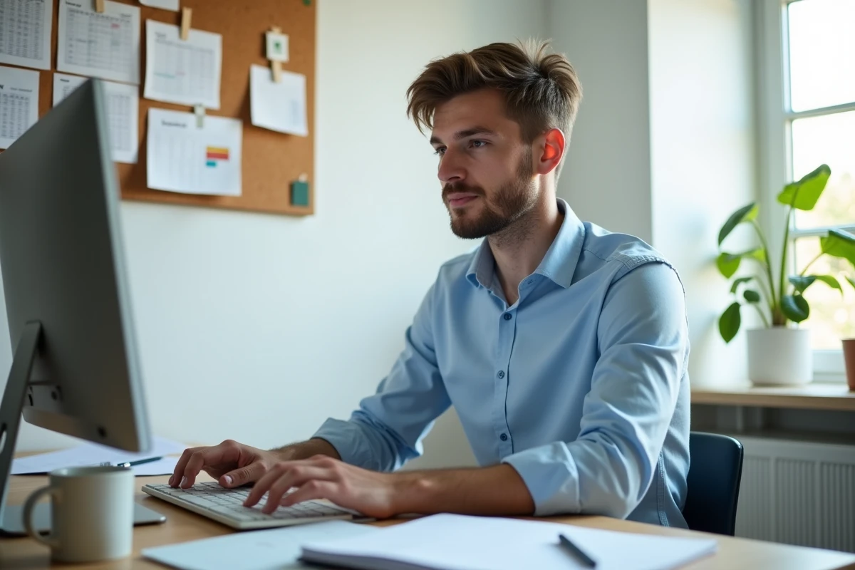 Étudiant consultant son calendrier de cours sur Zimbra depuis son bureau à domicile