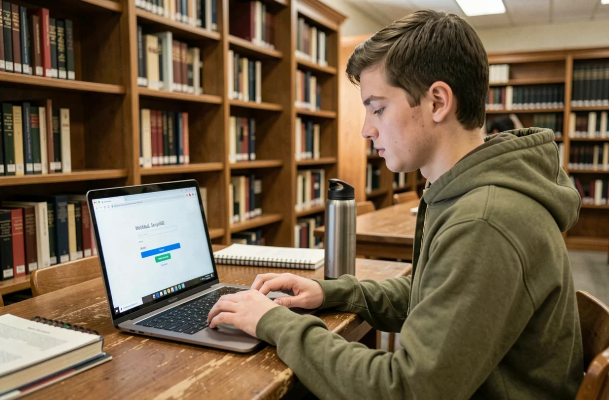 Jeune étudiant accédant à une interface webmail sécurisée depuis une bibliothèque universitaire