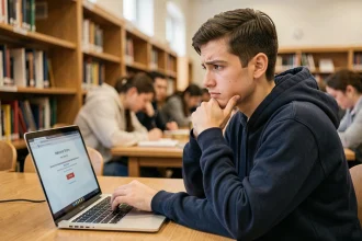 Étudiant universitaire frustré devant un message d'erreur sur son webmail depuis un ordinateur portable en bibliothèque