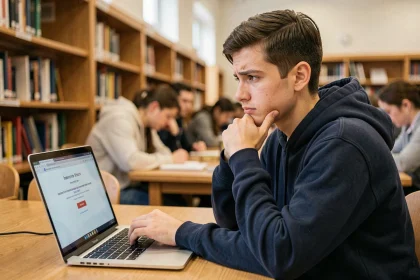 Étudiant universitaire frustré devant un message d'erreur sur son webmail depuis un ordinateur portable en bibliothèque
