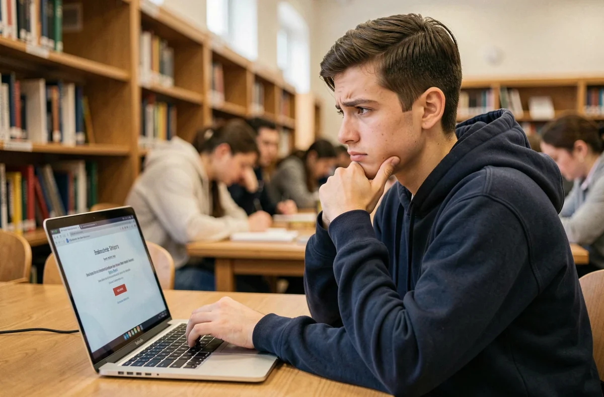 Étudiant universitaire frustré devant un message d'erreur sur son webmail depuis un ordinateur portable en bibliothèque
