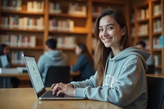 Étudiante universitaire partageant des fichiers de cours en sécurité depuis un ordinateur portable dans une bibliothèque moderne