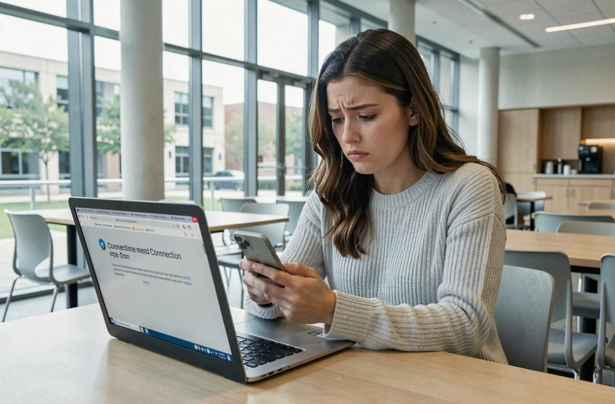 Étudiante consultant son smartphone et son ordinateur portable face à un problème d'accès au webmail universitaire