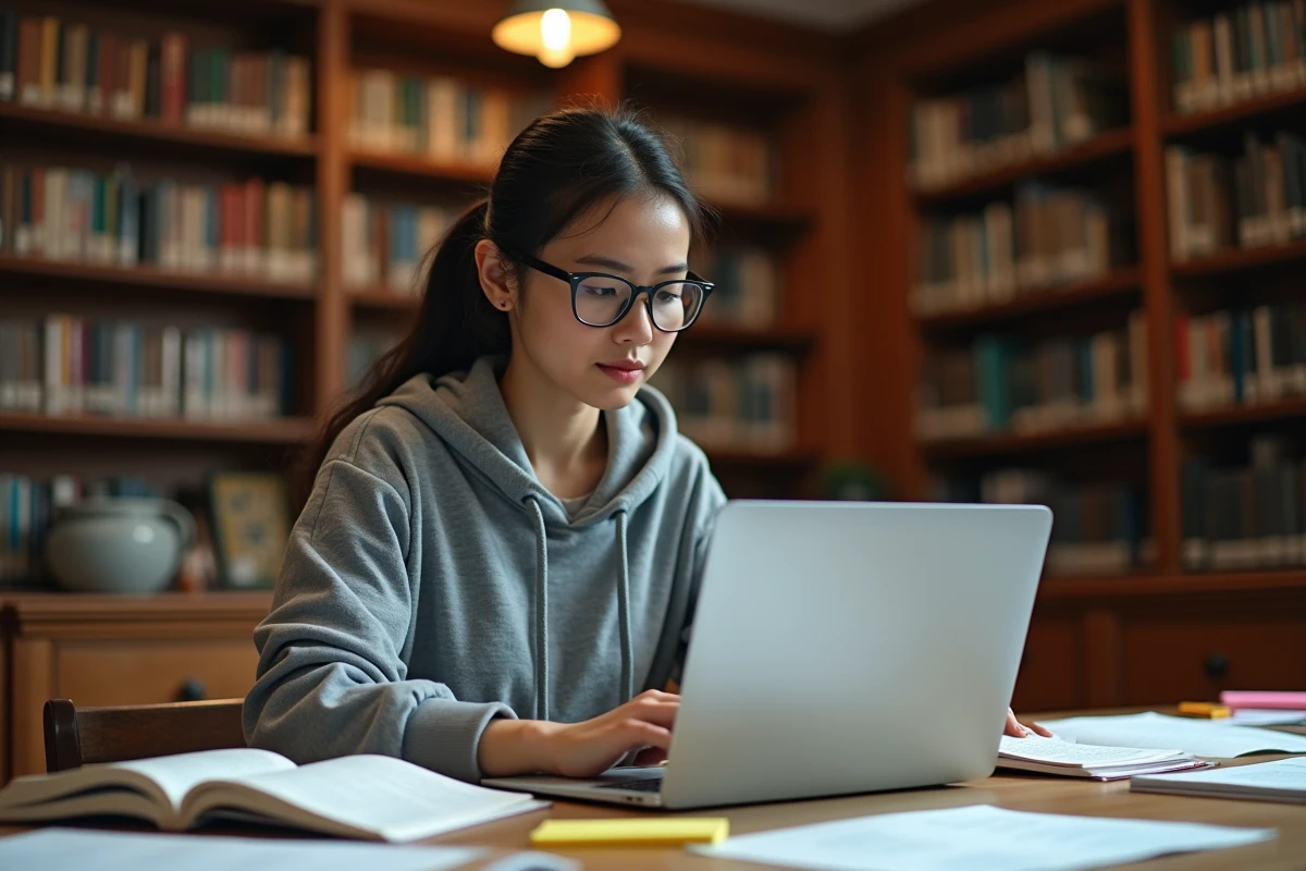Étudiante en bibliothèque universitaire consultant des sources américaines sur un moteur de recherche pour ses recherches académiques