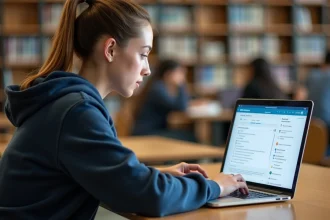 Étudiante organisant ses mails universitaires sur l'interface Zimbra Caen dans une bibliothèque universitaire