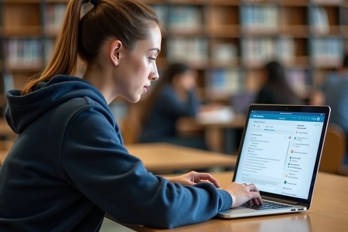Étudiante organisant ses mails universitaires sur l'interface Zimbra Caen dans une bibliothèque universitaire