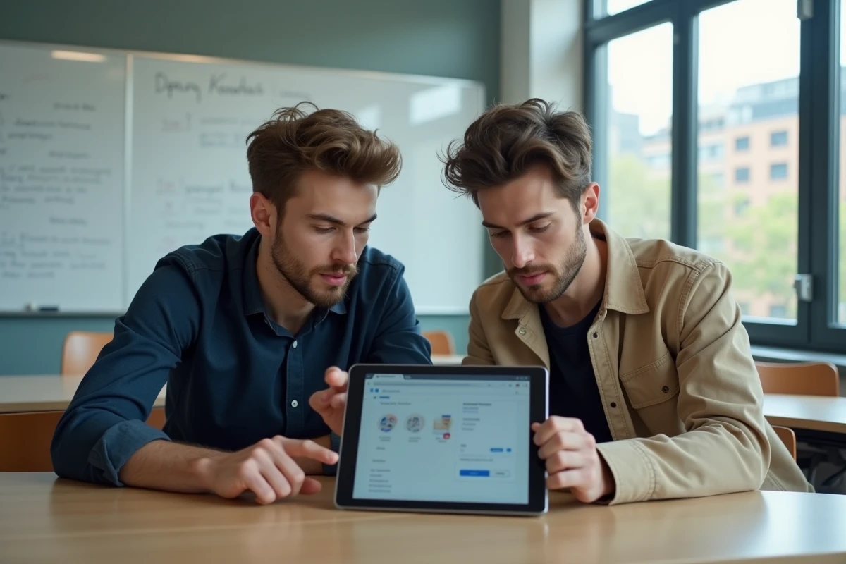 Deux étudiants collaborant sur un projet scolaire en partageant des documents via une interface sécurisée sur tablette en salle de classe