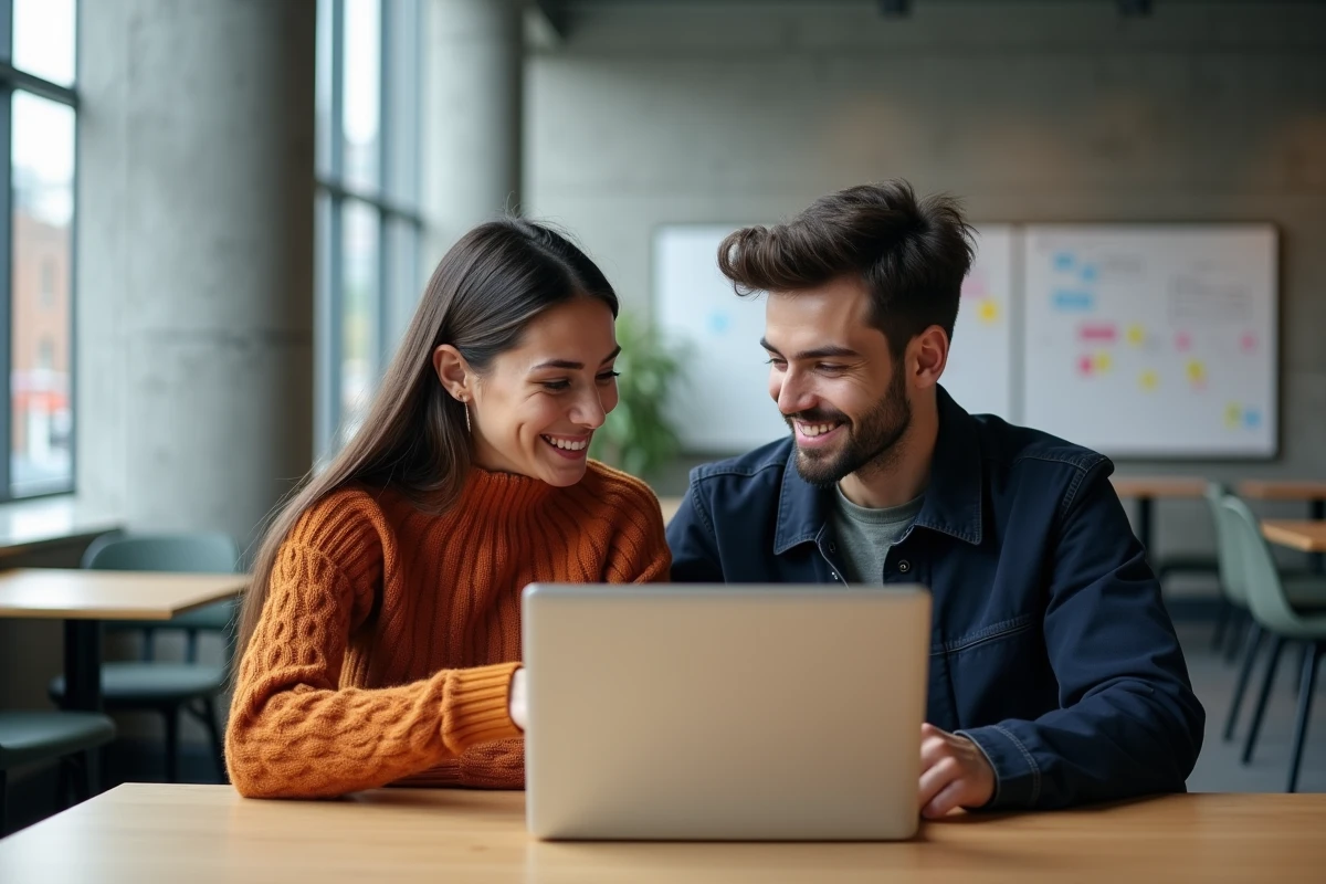 Deux étudiants en master collaborant sur des sources universitaires américaines via un moteur de recherche dans un espace de travail moderne