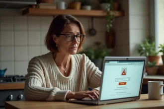 Femme d'âge moyen devant un ordinateur portable affichant une page de connexion email avec message d'erreur, illustrant la perte d'accès à une ancienne adresse Alice ADSL