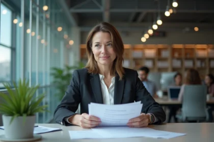 Femme d'affaires concentrée avec documents de conformité