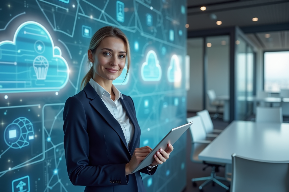 Femme d'affaires avec tablette devant hologrammes de nuages