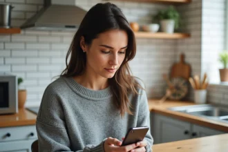 Femme analysant les caractéristiques d'un smartphone rapport qualité-prix dans une cuisine moderne