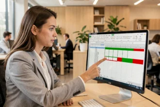 Femme analyste utilisant la fonction soustraction Excel avec des cellules vides dans un bureau moderne