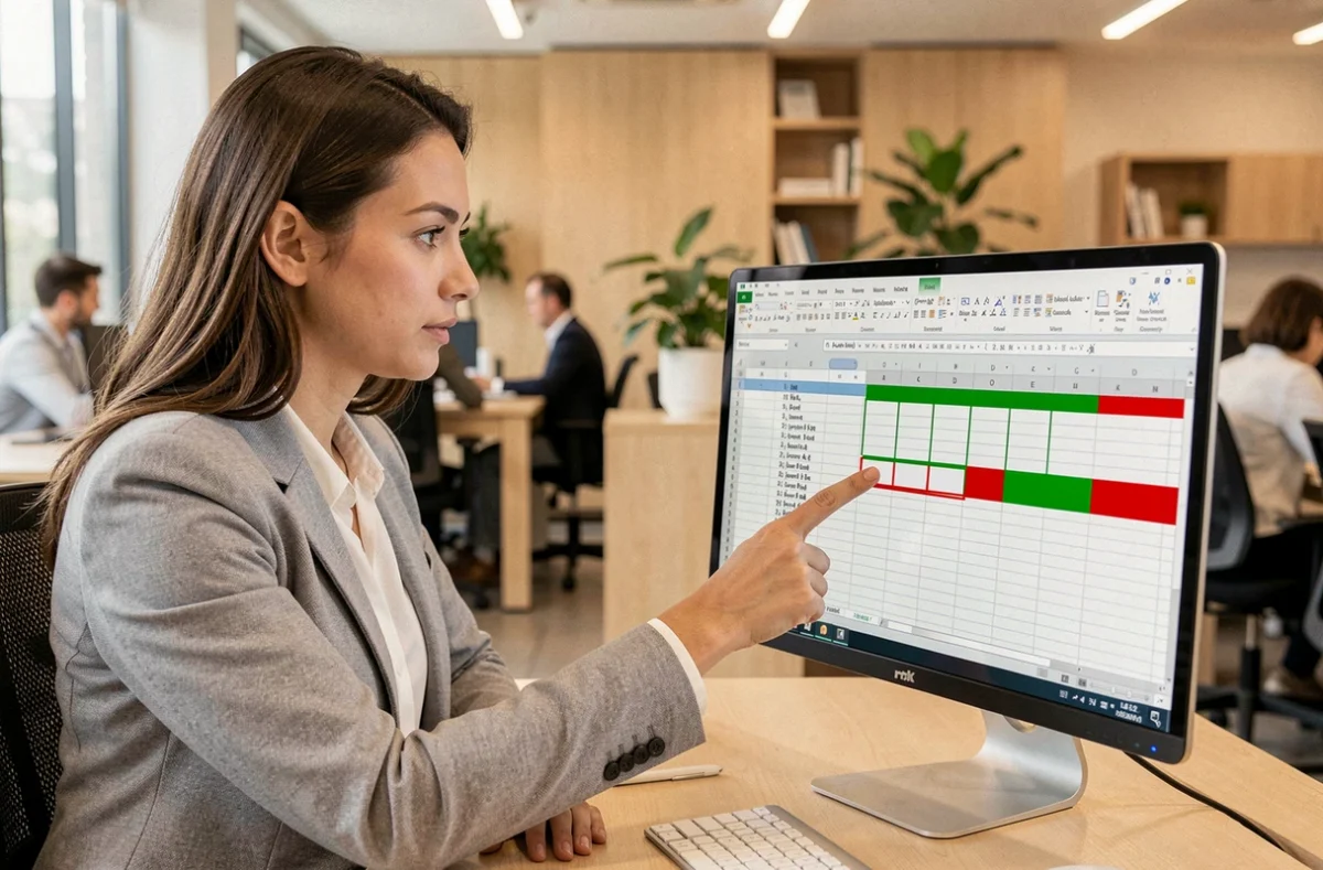 Femme analyste utilisant la fonction soustraction Excel avec des cellules vides dans un bureau moderne