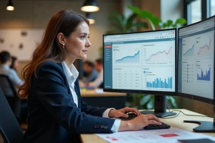 Femme analyste SEO comparant deux variantes de test A/B sur un écran d'ordinateur dans un bureau moderne