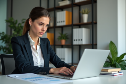 Femme concentrée analysant des données sur un ordinateur portable