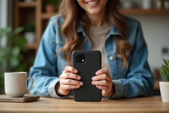 Jeune femme posant une coque sur un Pixel 6a dans une cuisine moderne