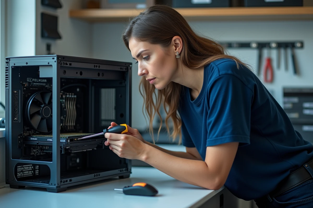 Femme technicienne assemblant et inspectant les composants internes d'un PC tour ouvert sur un établi