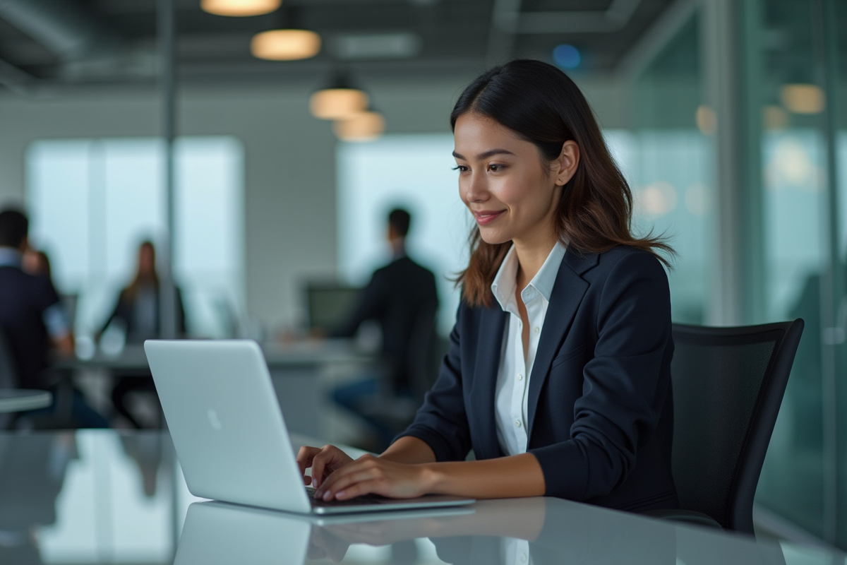 Jeune femme d affaires interagissant avec un chatbot sur son ordinateur