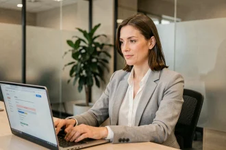 Femme professionnelle accédant à un webmail sécurisé sur son ordinateur portable dans un bureau moderne