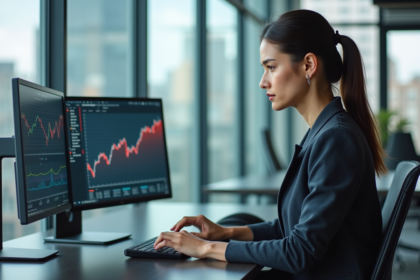 Femme en bureau avec ordinateur et graphiques en {titre}