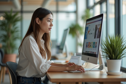 Jeune femme utilisant une application web en coworking