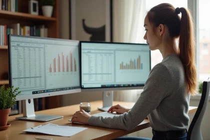 Femme au bureau comparant deux écrans de feuilles de calcul