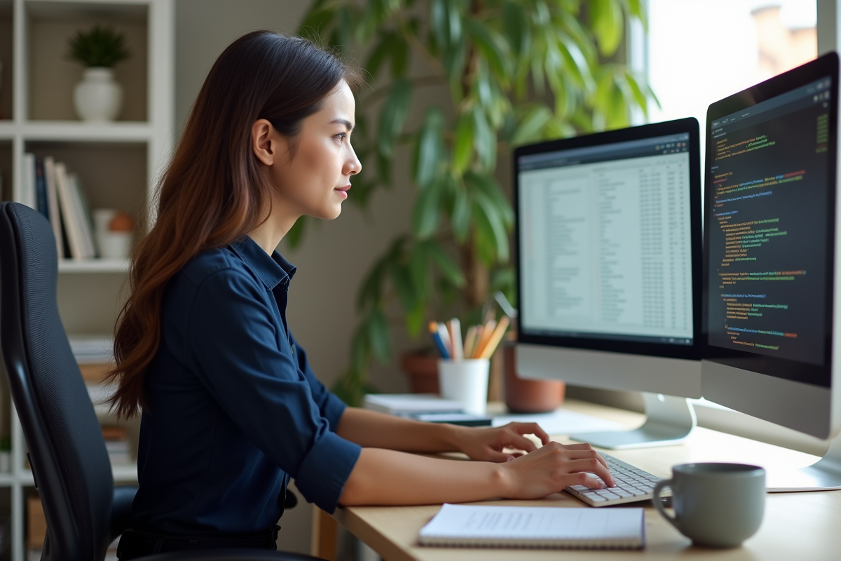Jeune femme concentrée sur son ordinateur dans un bureau lumineux
