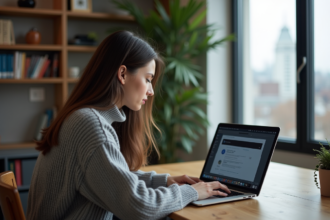 Jeune femme au bureau avec notifications sur son laptop