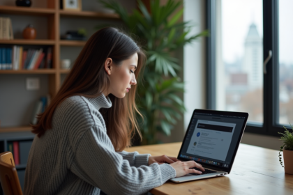 Jeune femme au bureau avec notifications sur son laptop