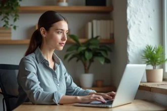 Femme en tenue professionnelle travaillant sur un ordinateur dans un bureau moderne