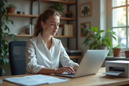 Jeune femme au bureau préparant une impression