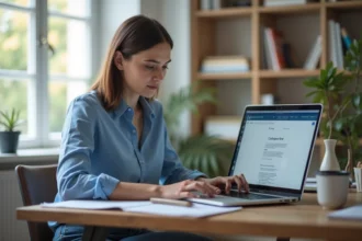 Jeune femme concentrée travaillant sur son ordinateur dans un bureau cosy