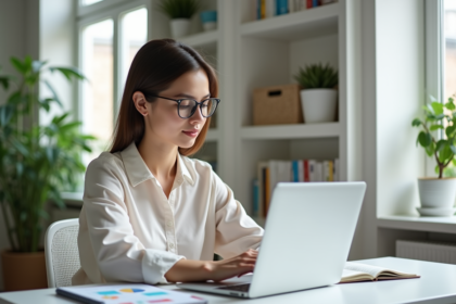 Jeune femme au bureau avec ordinateur et plantes vertes