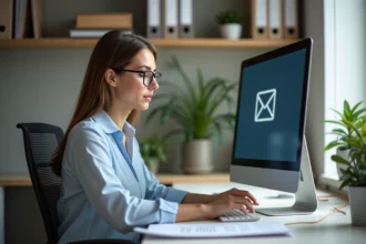 Femme au bureau organisant ses emails sur un grand écran