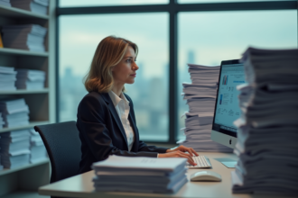 Femme d'affaires contemplant des documents au bureau