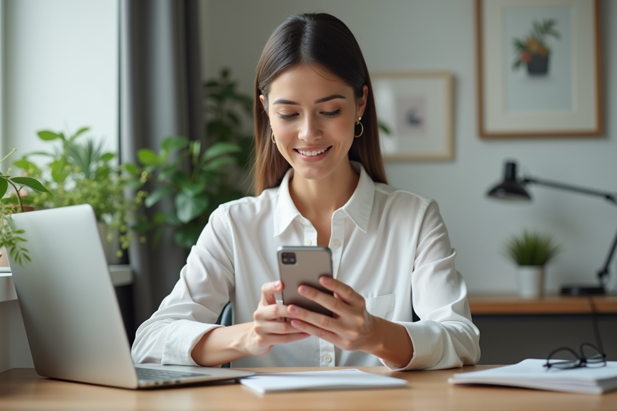 Femme en bureau moderne utilisant une application mobile