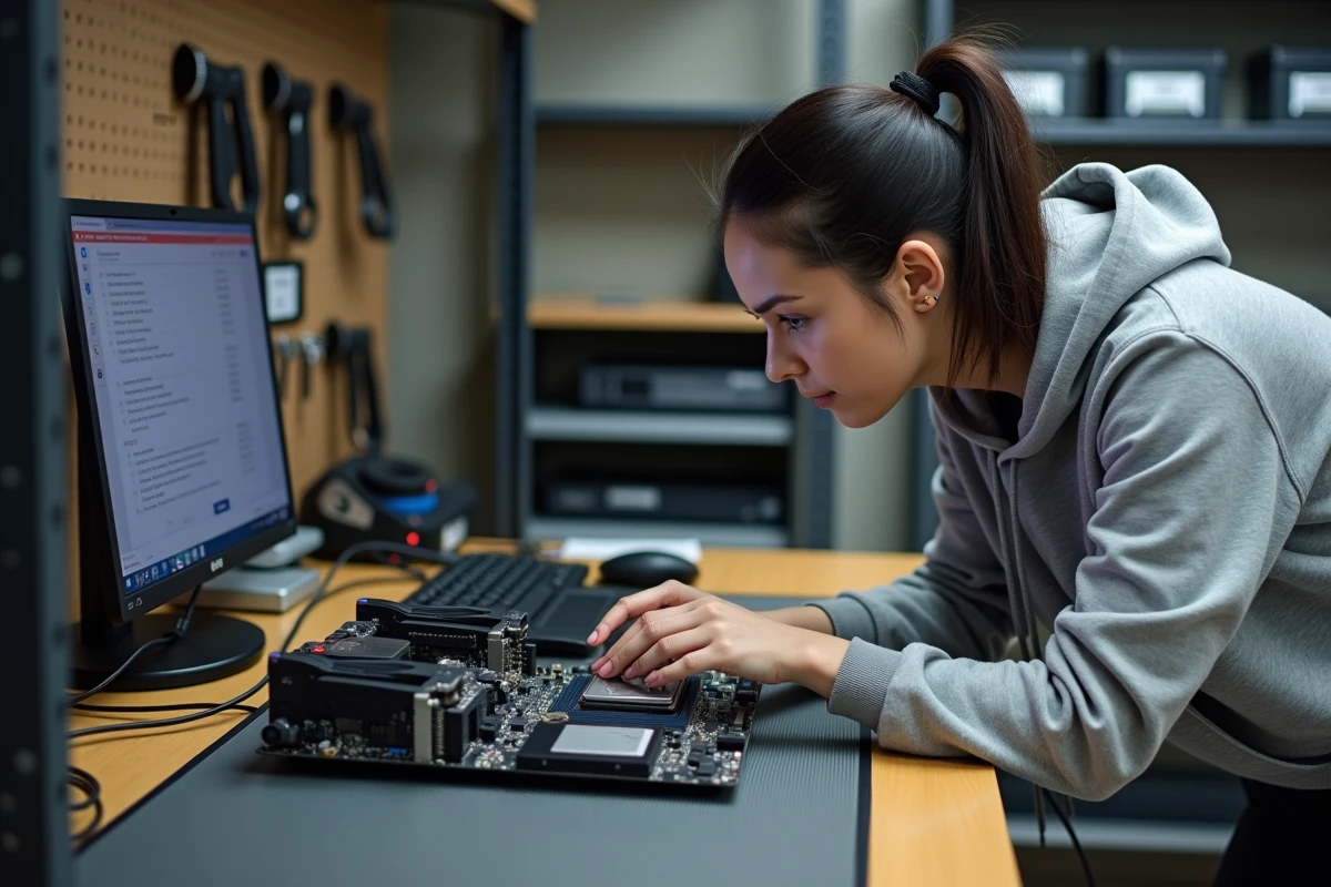 Femme inspectant une carte mère AORUS avec un guide des touches BIOS affiché sur un ordinateur portable