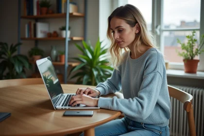 Femme décontractée regardant son ordinateur à la maison