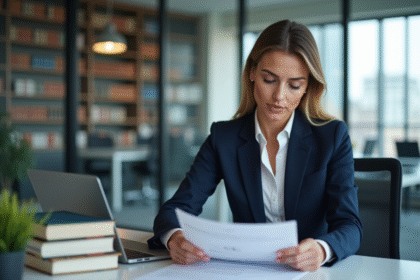 Femme en costume navy lisant un document CISA dans un bureau moderne