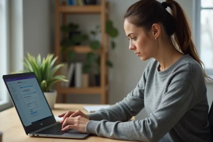 Femme utilisant un logiciel de conversion vidéo MP4 sur un ordinateur portable Windows dans un bureau à domicile