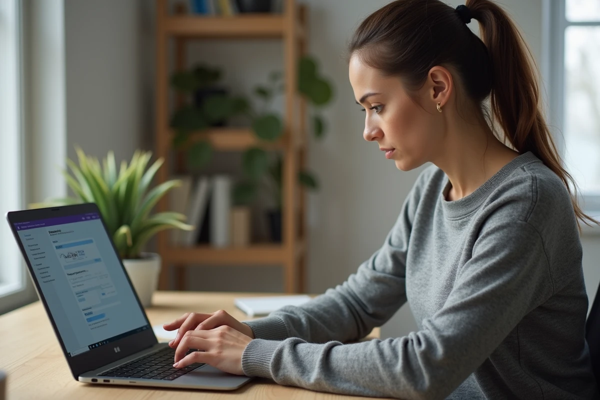 Femme utilisant un logiciel de conversion vidéo MP4 sur un ordinateur portable Windows dans un bureau à domicile