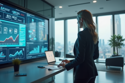 Femme d'affaires confiante dans un bureau moderne avec écrans numériques