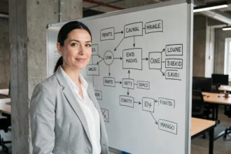 Femme analysant un diagramme entité-association MCD sur un tableau blanc dans un bureau moderne