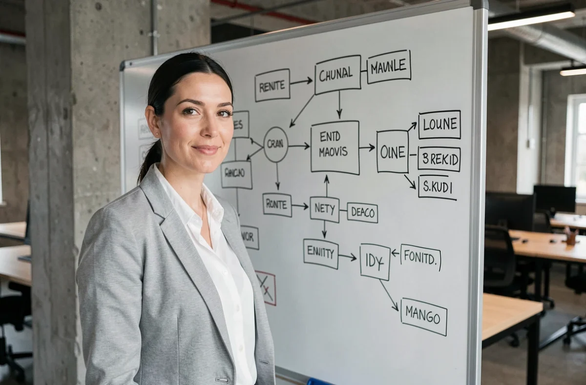 Femme analysant un diagramme entité-association MCD sur un tableau blanc dans un bureau moderne